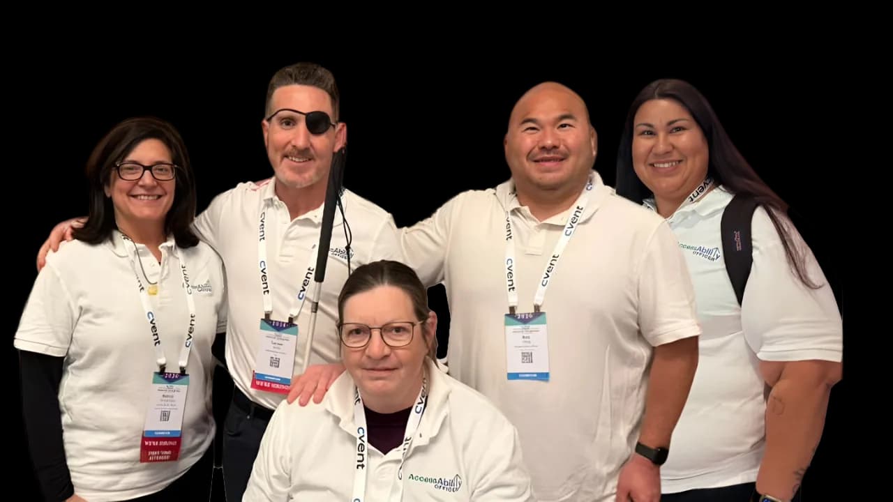 The AccessAbility Officer team at CSUN 2026: Marcia, Tanner, Sheri, Bee, and Marisa